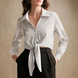 Women's Elegant City Rhinestone Striped Long Sleeve Collared Shirt